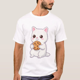 Camiseta Pixel Art Cute Cat com Cookie - Adorável e Doce