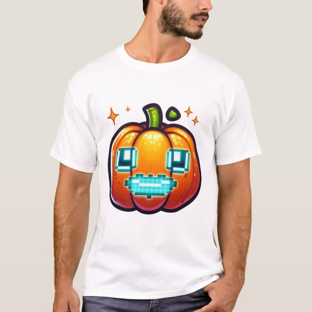 Camiseta Pixel Brilhante Pumpkin Halloween Retro Gamer (Frente)
