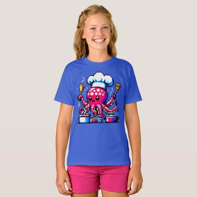 Camiseta Pixel Octopus Chef Funny Cozinhar e marisco (Frente Completa)