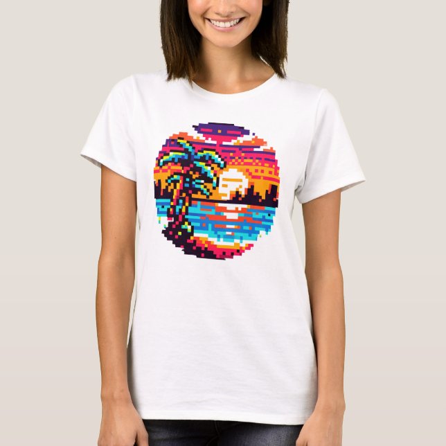 Camiseta Pixel Paradise: Retro Natureza Tropical Sunset De  (Frente)