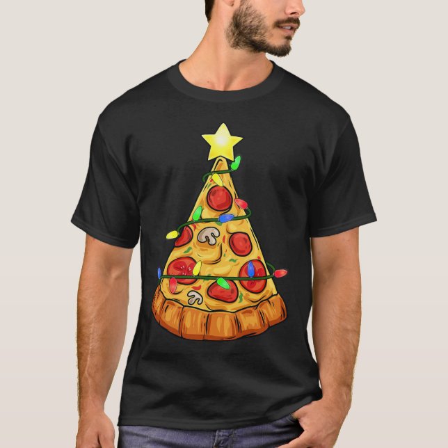 Camiseta Pizza Árvore de Natal Luzes Diversas Rapazes Crian (Frente)