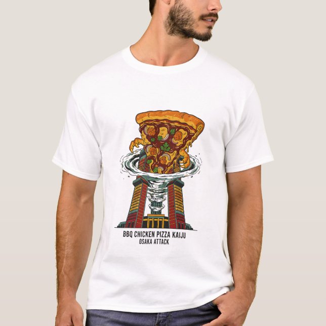 Camiseta Pizza de Frango BBQ Kaiju Osaka Ataque Monstro Art (Frente)