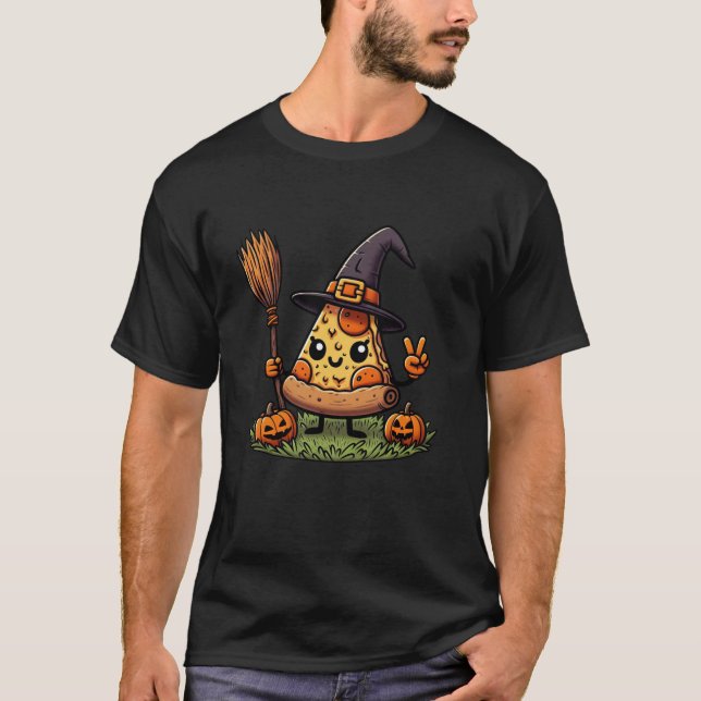 Camiseta Pizza Engraçada Bruxa Pumpkin Halloween Mens Women (Frente)