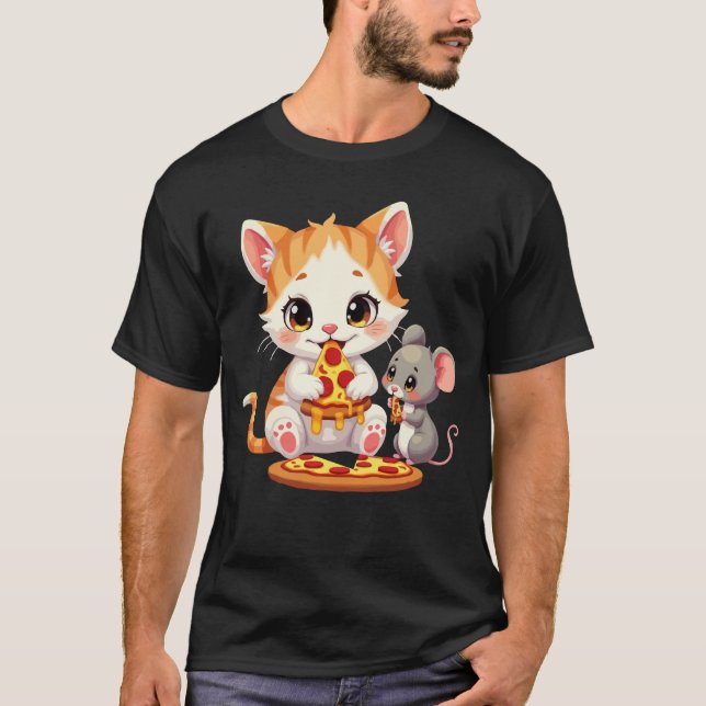 Camiseta pizza engraçada comendo pizza de gato comendo rato (Frente)