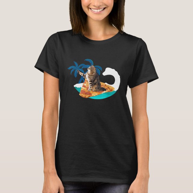 Camiseta Pizza Engraçada Surfe Divertido Surf Gatinho Tee (Frente)