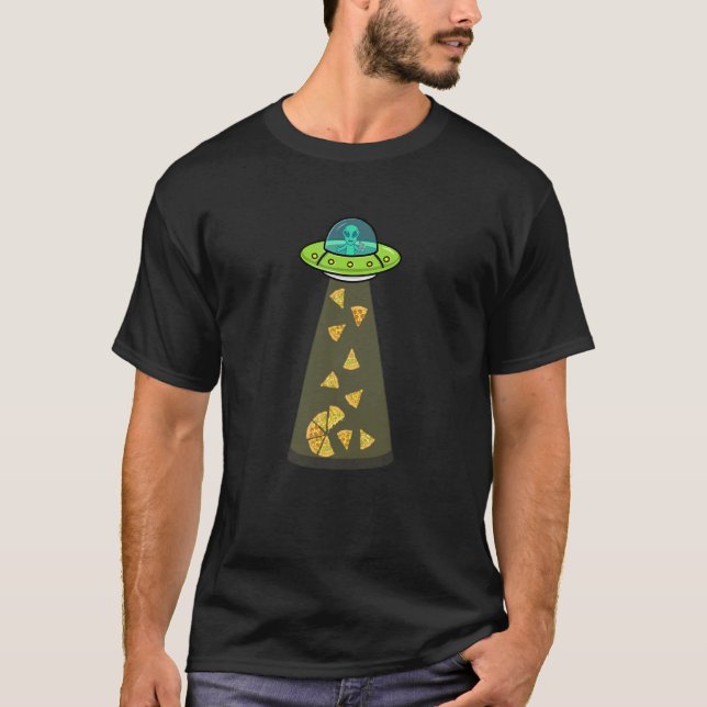 Camiseta Pizza Engraçada Ufo Alienígena Comendo Pizza A Ufo (Frente)