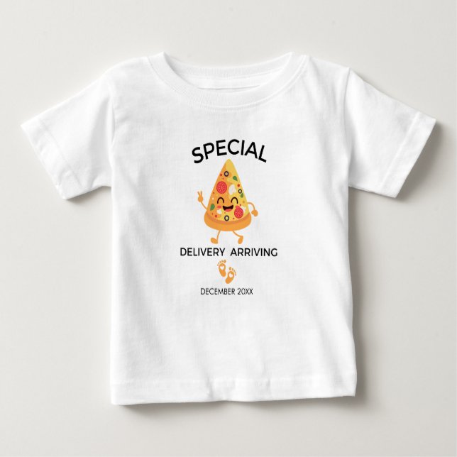 Camiseta Pizza especial chegando presente de bebê (Frente)