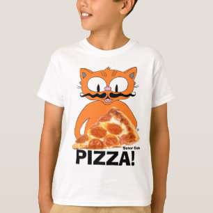 Camiseta PIZZA! Gato Bigode de Desenho com Fatia de Pizza
