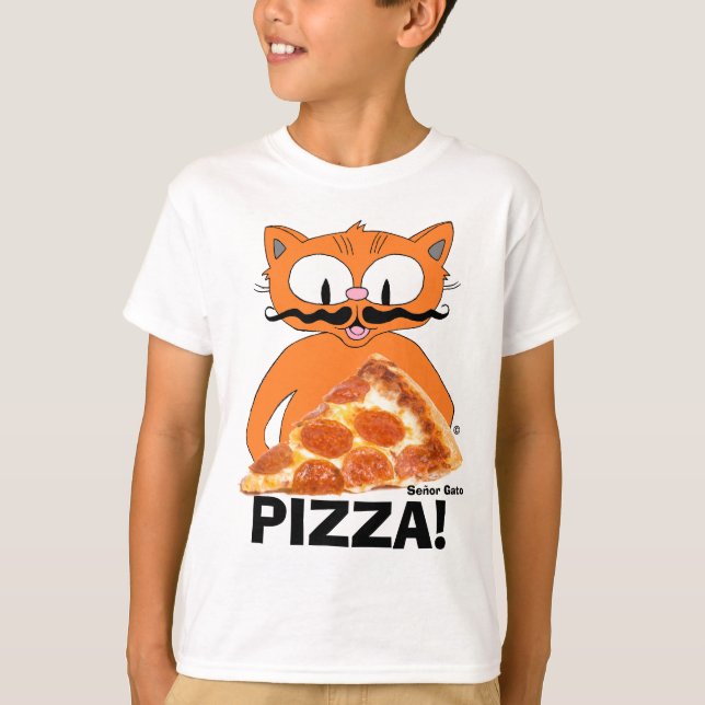 Camiseta  PIZZA! Gato de bigode de desenho animado com pizz (Frente)