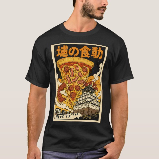 Camiseta Pizza Retro Japonesa Monstro Kaiju Castelo de Osak (Frente)