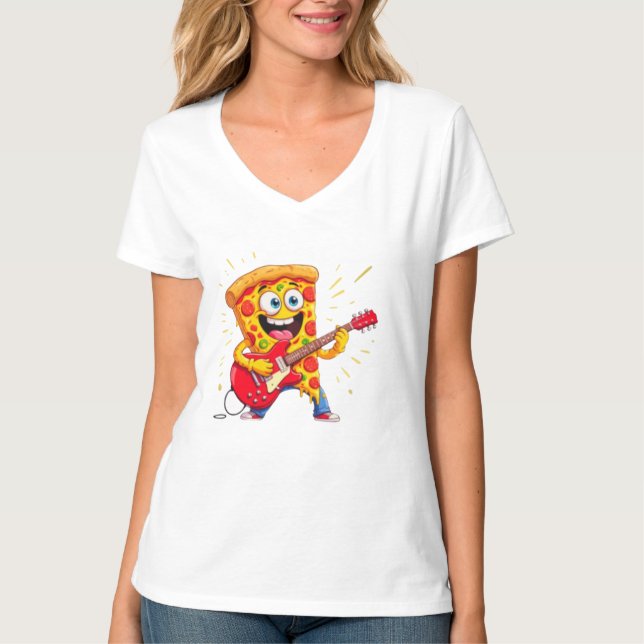 Camiseta **Pizza Rock ’n’ Roll – Fatia Engraçada Tocando Gu (Frente)