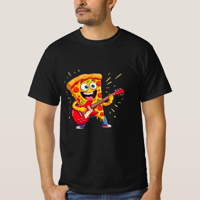 Camiseta **Pizza Rock ’n’ Roll – Fatia Engraçada Tocando Gu (Frente)