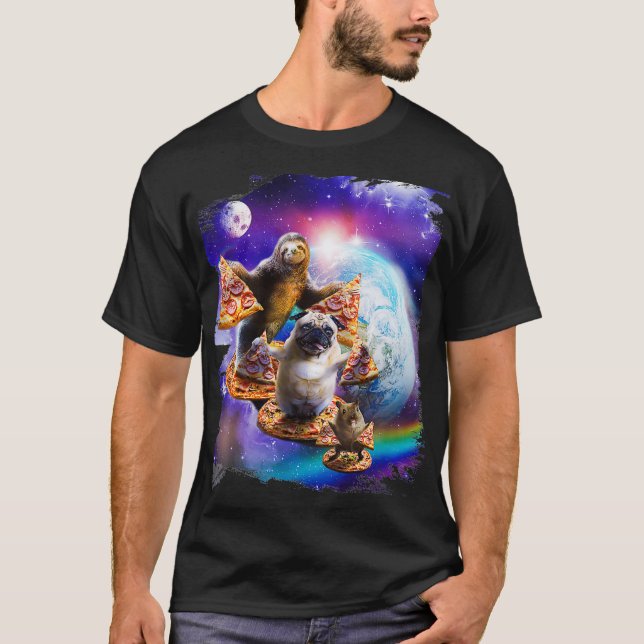 Camiseta Pizza Sloth Pug Hamster In Space Galaxy Funny (Frente)