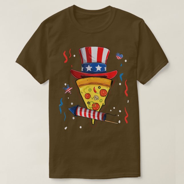 Camiseta Pizza Us Flag Hat 4 De Julho Firecracker Kid Comid (Frente do Design)