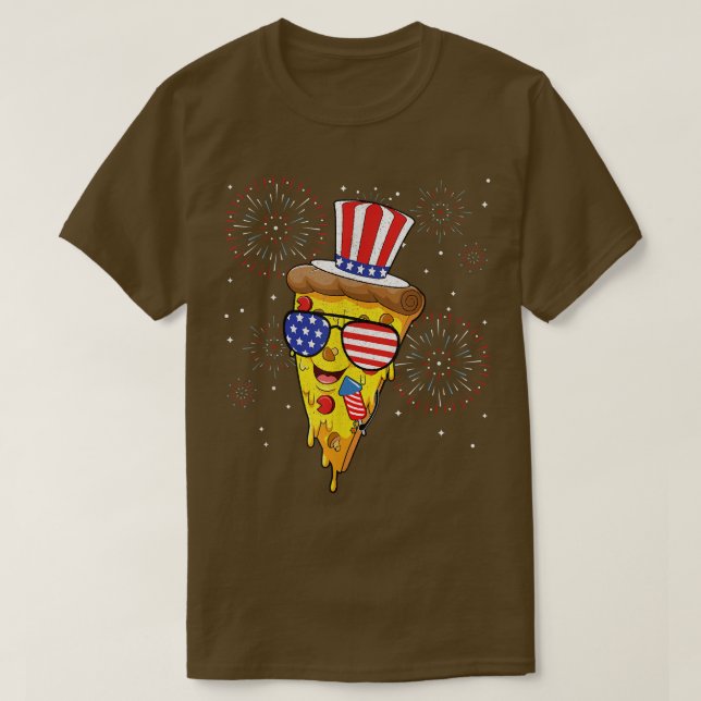 Camiseta Pizza Us Flag Hat Firecracker 4 De Julho Pat Comid (Frente do Design)