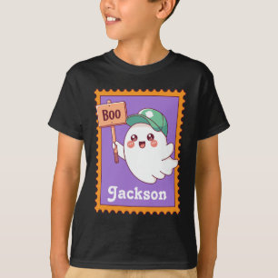Camiseta Placa de Boo Fofa de Fantasma de Halloween Nome Pe
