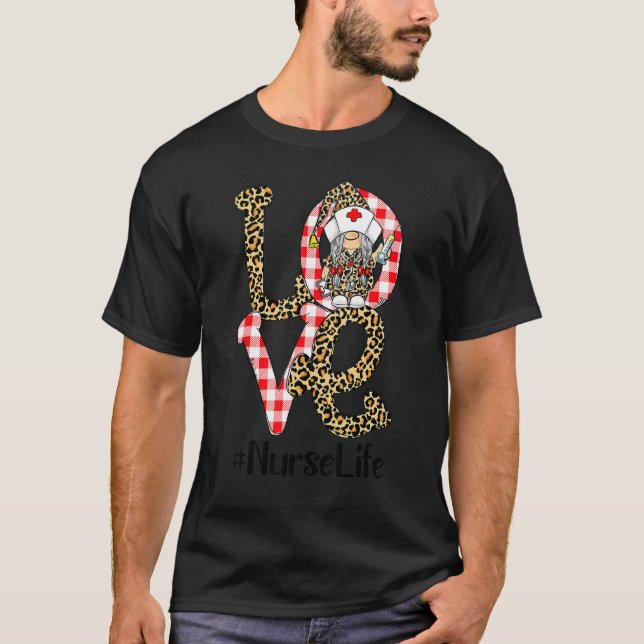 Camiseta Plaid Leopard Gnome LOVE Nurse Life Funny Valentin (Frente)