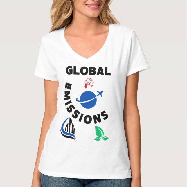 Camiseta Planeta em Perigo: Emissões Globais". (Frente)