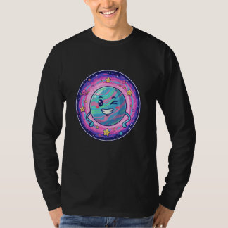 Camiseta Planeta Sorridente Kawaii em Galáxia de Desenho Co