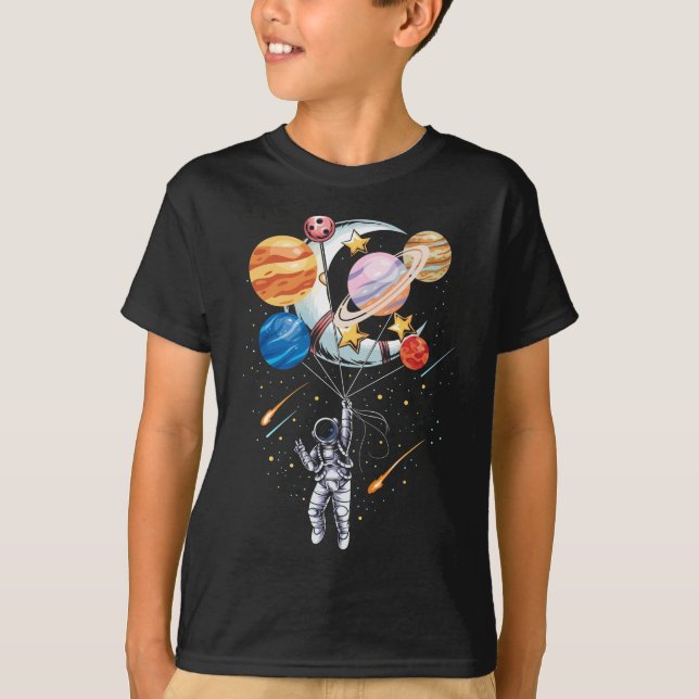 Camiseta Planetas do Balão Espacial do Astronauta do Cartoo (Frente)