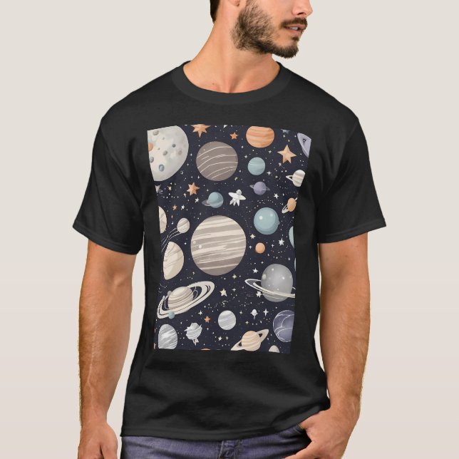 Camiseta Planetas E Estrelas Padrões Aleatórios Bonitos (Frente)