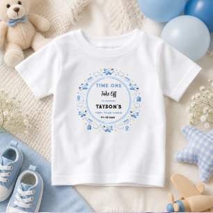 Camiseta Plano Azul Branco 1º Aniversário Hora do Primeiro