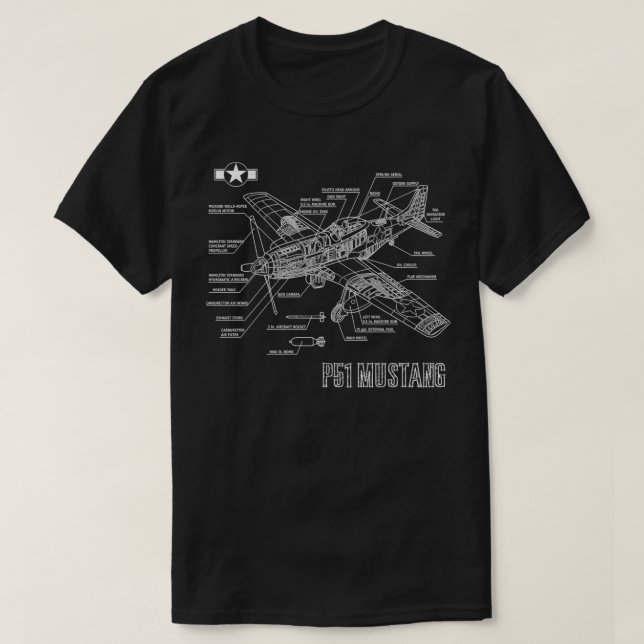 Camiseta Plano de Combatente Mustang Blu, americano P51, Se (Frente do Design)