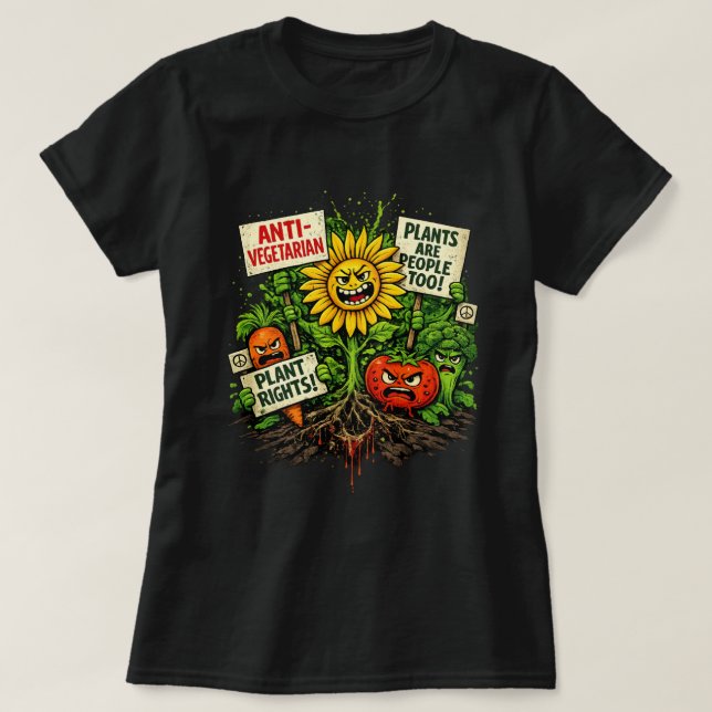 Camiseta Plant Rights Protest – Angry Veggie Revolution (Frente do Design)