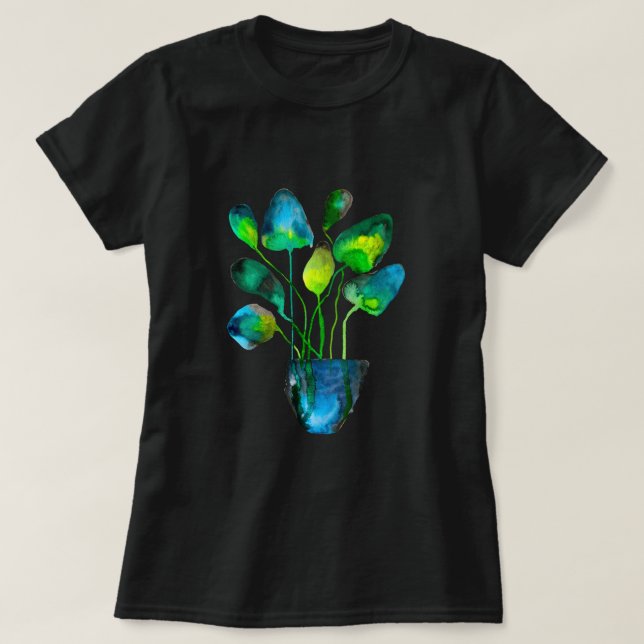 Camiseta Plantas aquáticas de arte verde e abstrato azul (Frente do Design)