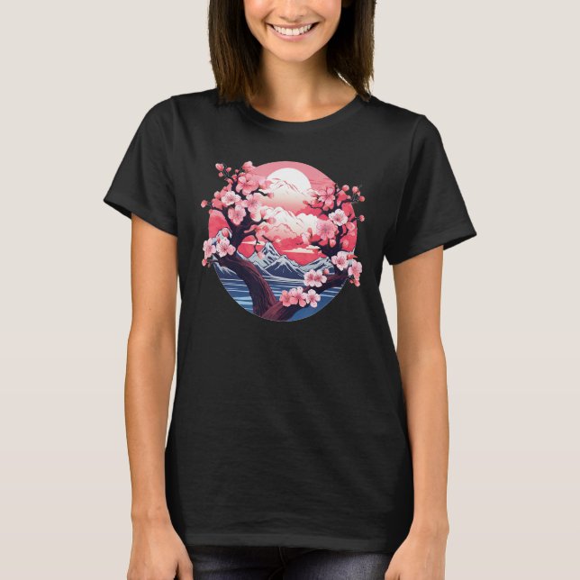 Camiseta Plantas da Flor Sakura com Montanhas e Sol para ja (Frente)
