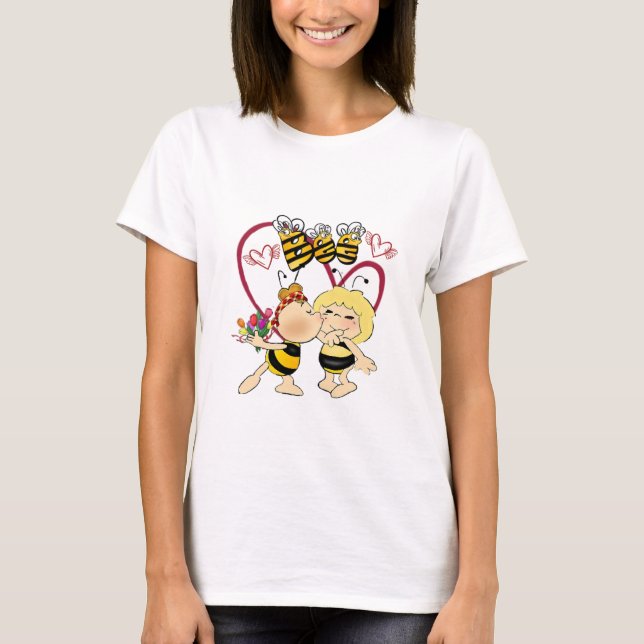 Camiseta Playera pareja de abejas con flores (Frente)