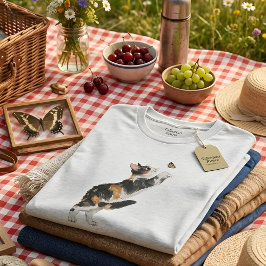 Camiseta Playful Calico Cat & Butterfly Watercolor Women's