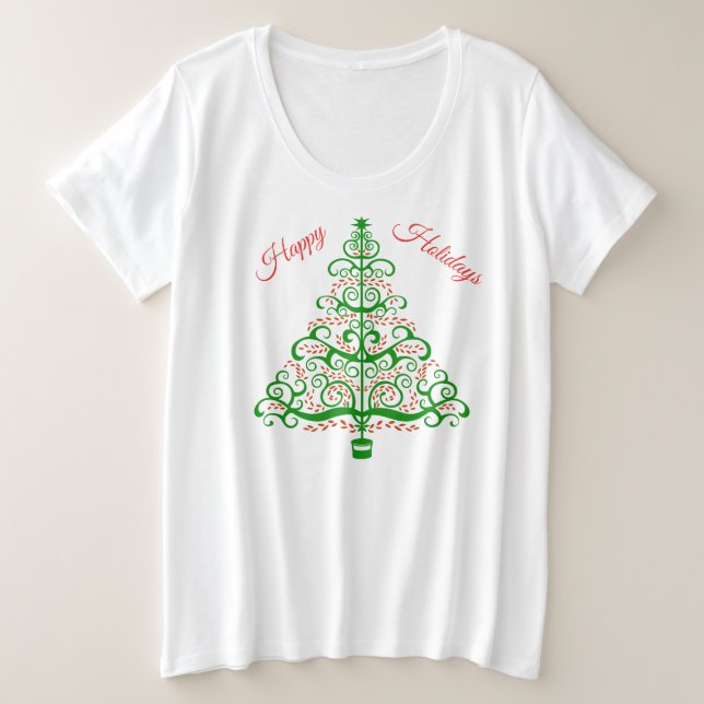 Camiseta Plus Size Árvore Vermelha Elegante de Natal Verde (Frente do Design)