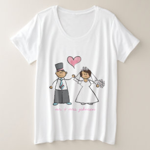Camiseta Plus Size Cartoon Wedding Casal Bride & Groom Pink Heart