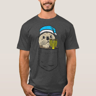 Camiseta Pocket Judeu Otter Menorah Hanukkah Chanukah Anim