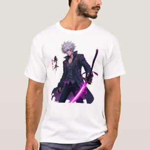 Camiseta Poderoso Guerreiro de Animação de Cabelo Branco co