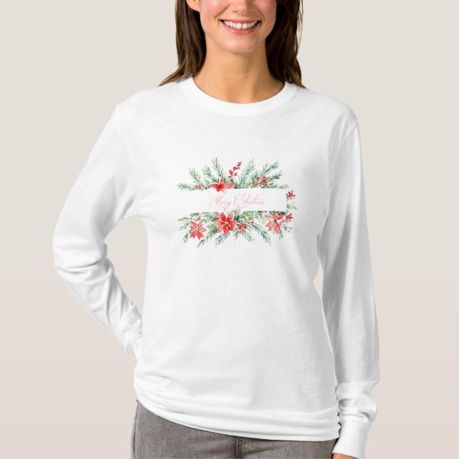 Camiseta Poinsettia aquática e Natal verde (Frente)