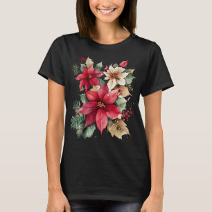 Camiseta Poinsettia Holly Berry Red White Flower Natal