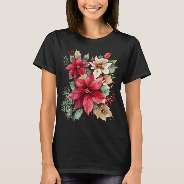 Camiseta Poinsettia Holly Berry Red White Flower Natal (Frente)