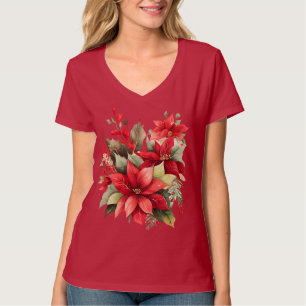 Camiseta Poinsettia Holly Berry Red White Flower Natal