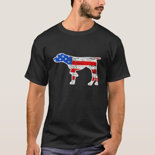 Camiseta Pointer Dog, 4 De Julho, Retro USA Flag (Frente)