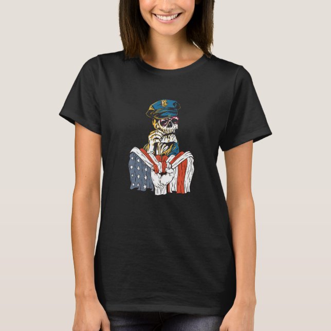 Camiseta Police costume skaleton with American Flag Premium (Frente)