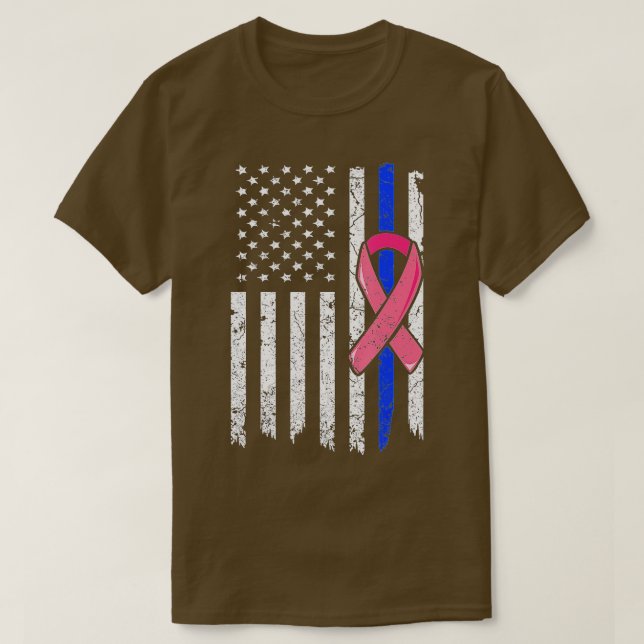 Camiseta Polícia de Cancer da Mama Bandeira Rosa Americana  (Frente do Design)