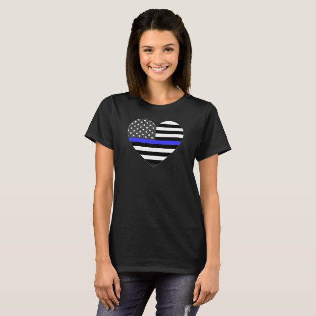 Camiseta Policial Thin Blue Line American Flag Heart (Frente Completa)