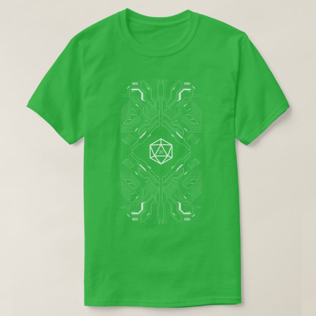 Camiseta Polidedro Futurístico D20 Dice Geométrico (Frente do Design)