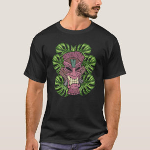 Camiseta Polinésia Tiki Máscara Luau Havaiana Folhas Monste