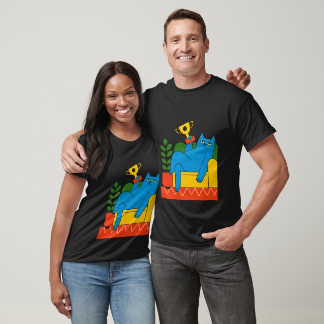 Camiseta Poltrona de Gato Azul Estilo Troféu (Unissex)