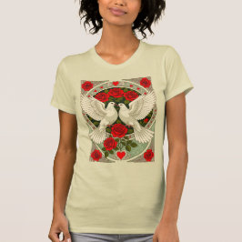 Camiseta Pombas Brancas e Rosas Vermelhas Art Nouveau