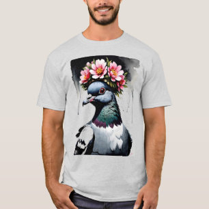Camiseta Pombo Usando Uma Coroa de Flores Rosa