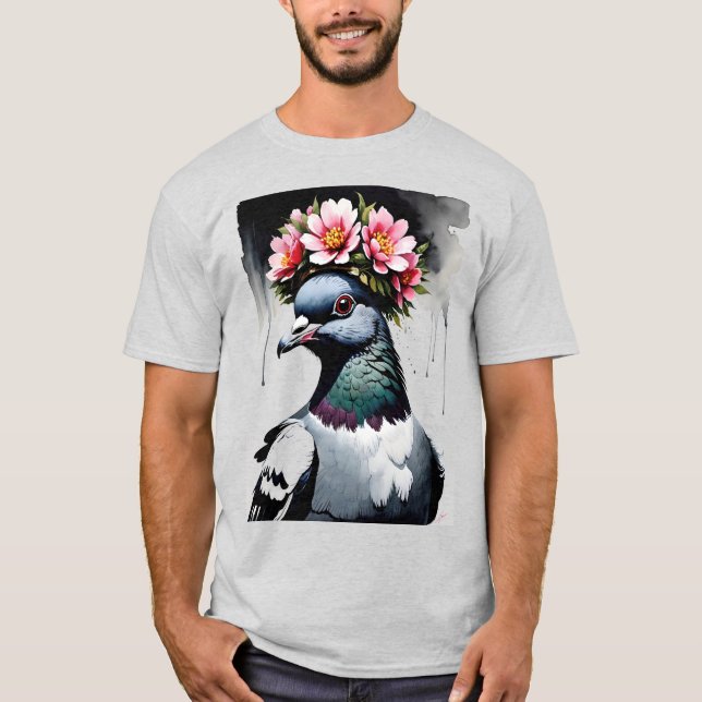 Camiseta Pombo Usando Uma Coroa de Flores Rosa (Frente)